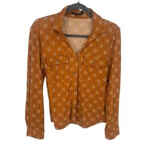 Adrienne Vittadini Brown Geometric Print Button-Up Top Workwear Office Stretch S